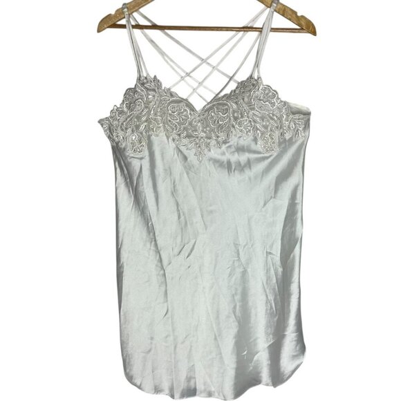 Vtg Womens‎ M Satin Lingerie Tank Top White Applique Lace Strappy Back Ethereal - Picture 1 of 8